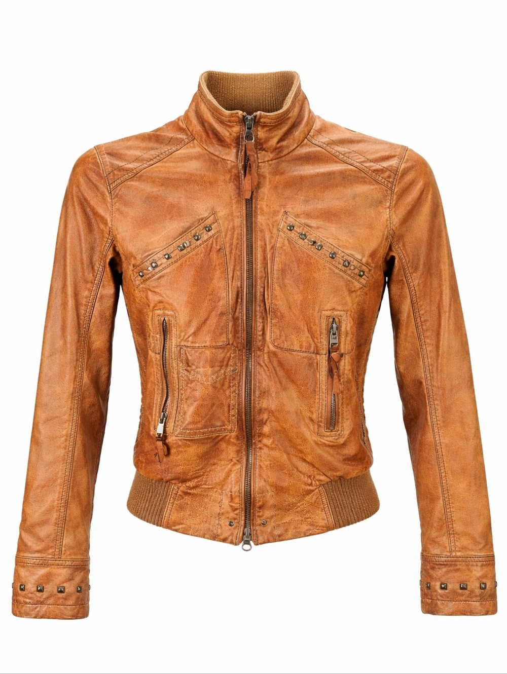 Women's Stetson XS Brown Leather Studded Flannel Lined Moto Jacket Western Boho